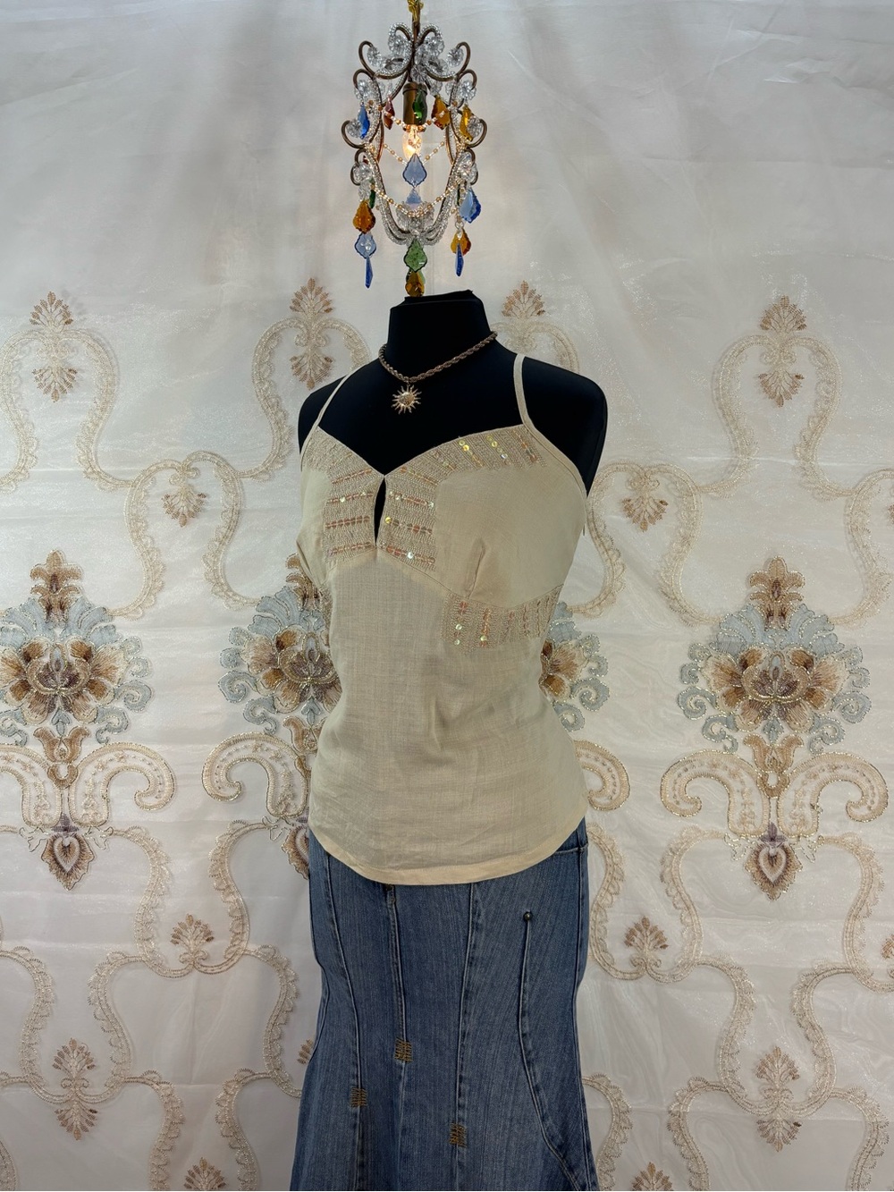 ✨Vintage Y2K Bohemian Beige Linen Sequins Racerback Tank Top✨